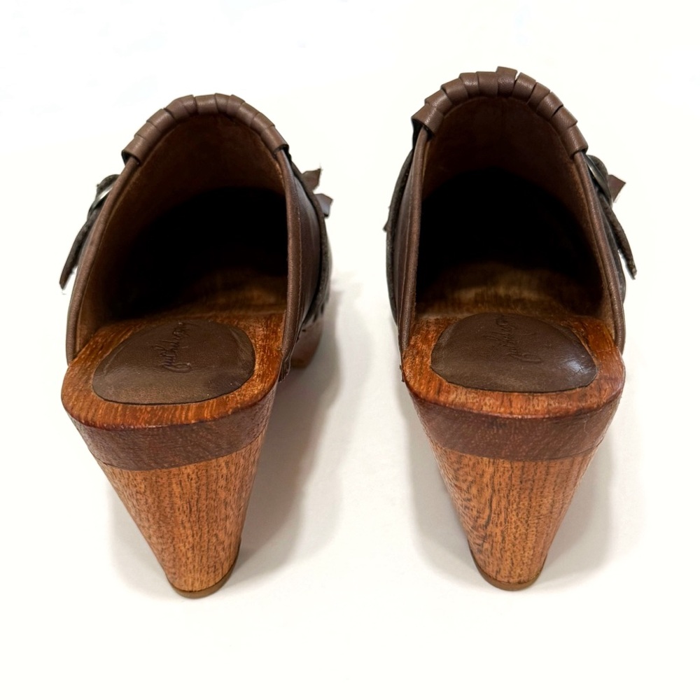 RACHEL COMEY BROWN LEATHER FRINGE WOOD HEEL CLOGS MULES - Picture 6 of 15